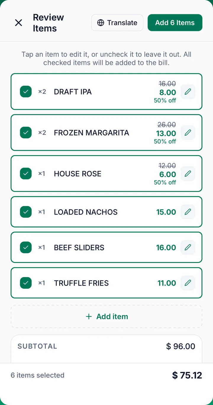 Review Items screen: Draft IPA, Frozen Margarita and House Rose each show the old price crossed out, the new price, and 50% off