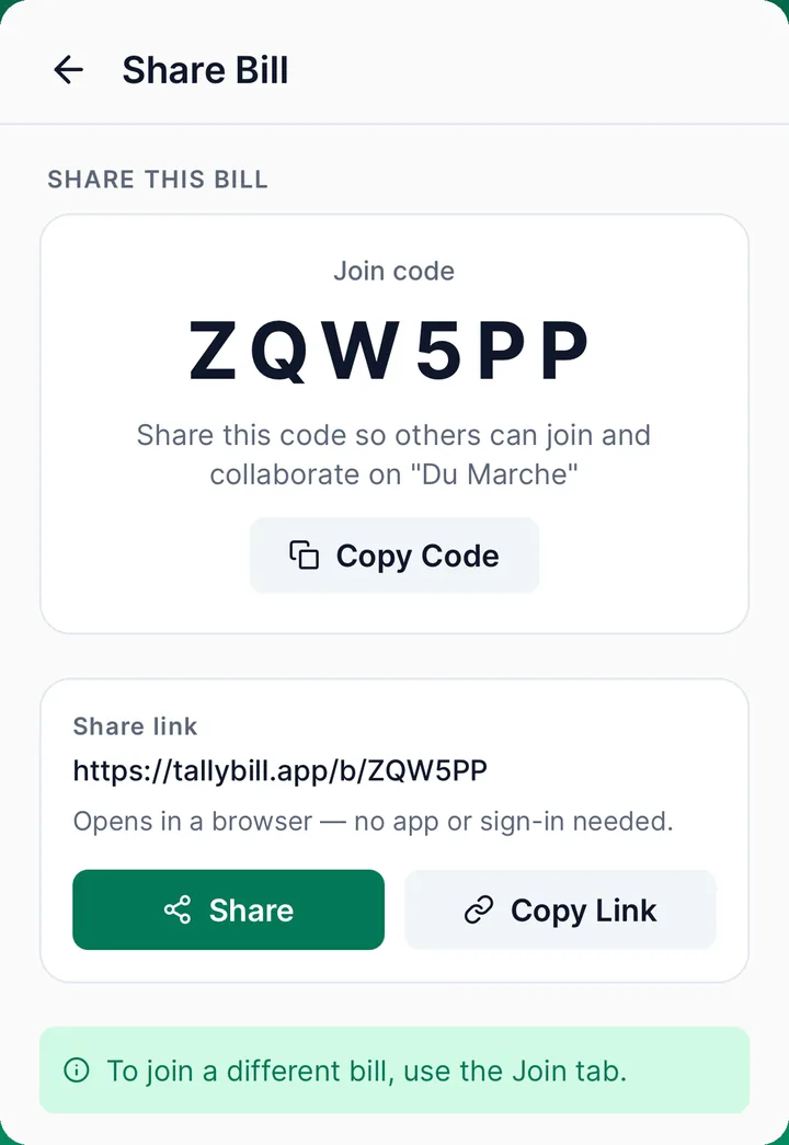Share Bill screen with the join code ZQW5PP, a share link, and the note: opens in a browser, no app or sign-in needed