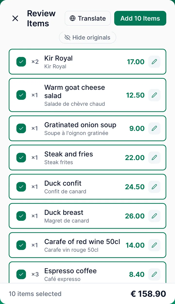 Review Items screen for a French receipt: each item shows the English name, like Duck confit, with the French original, Confit de canard, underneath